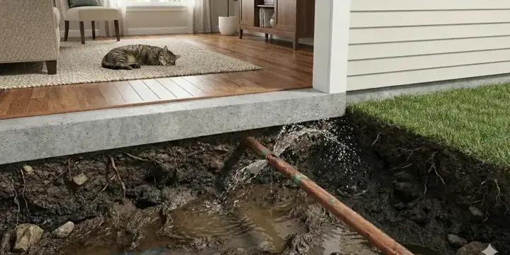 Leaking pipe exposed beside a slab foundation in Parker County