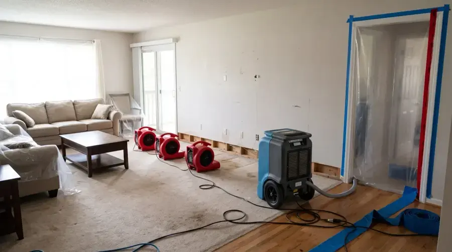 Air movers and a dehumidifier drying a living room behind plastic containment in a Weatherford home