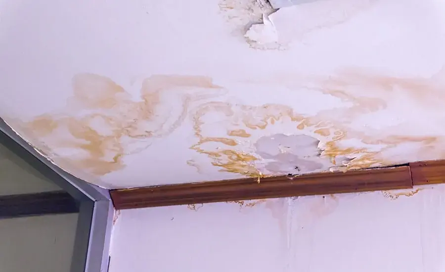 Water stains spreading across a ceiling below an overflowing attic AC drain pan