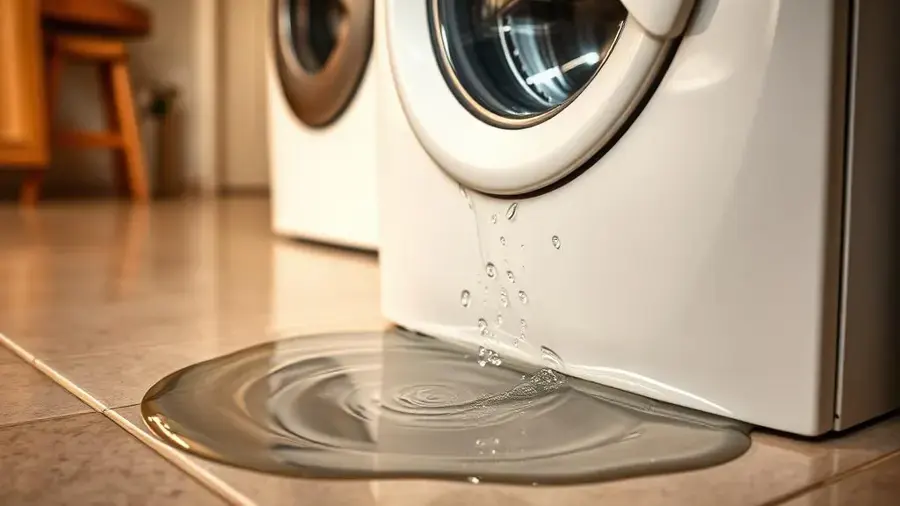 Water dripping from a washing machine into a puddle on a tile laundry floor