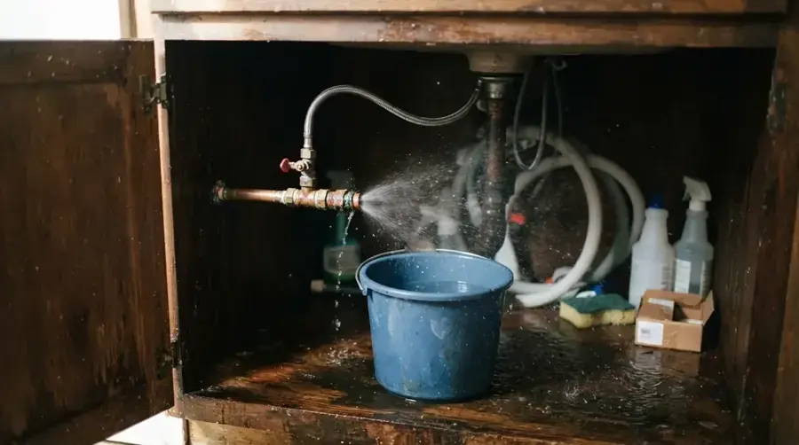 Supply line spraying water inside a sink cabinet in a Weatherford kitchen