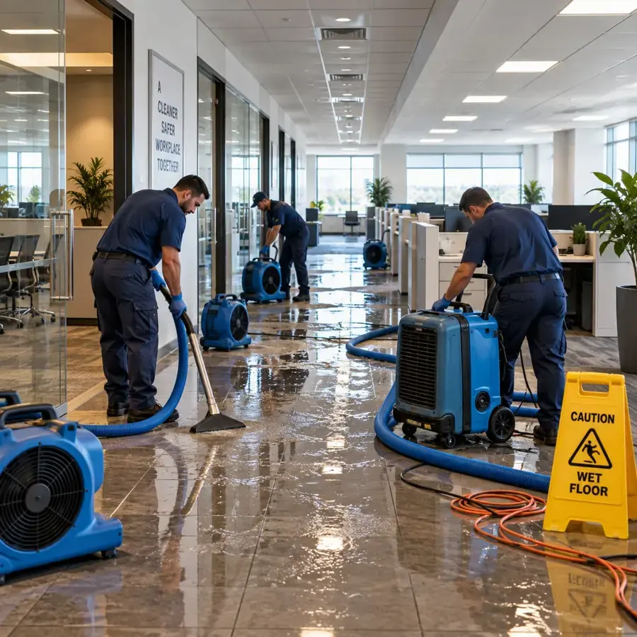 Restoration technicians extracting water and running air movers in a flooded office