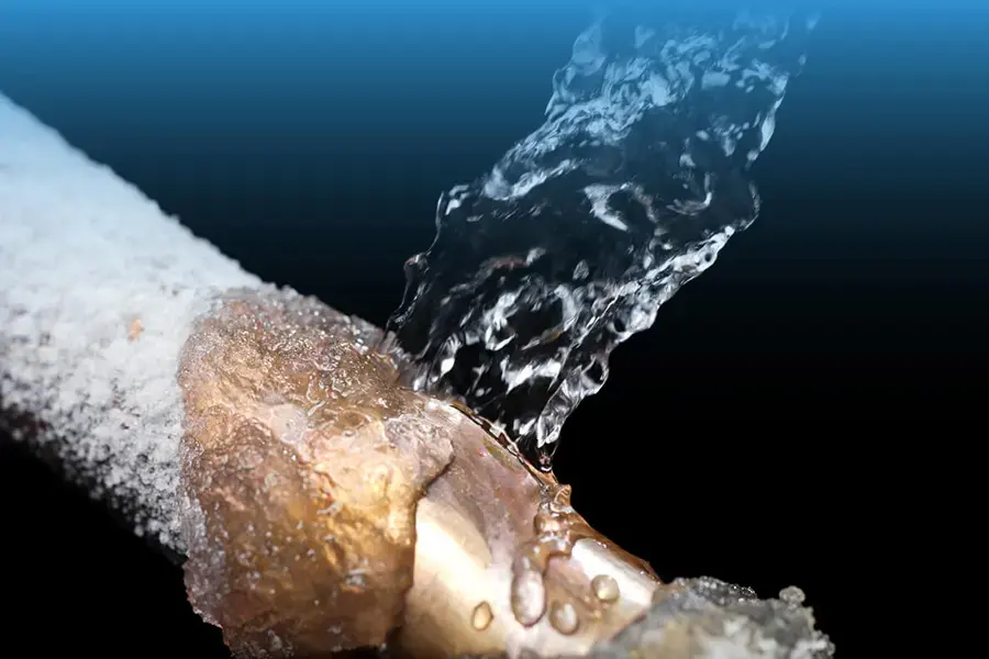 Frost-covered pipe splitting open and spraying water after a hard North Texas freeze