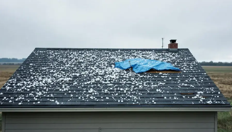 Hailstones covering a shingle roof with a blue tarp over a storm-damaged section in Parker County