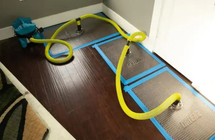 Floor drying mats taped over wet hardwood in a Weatherford home